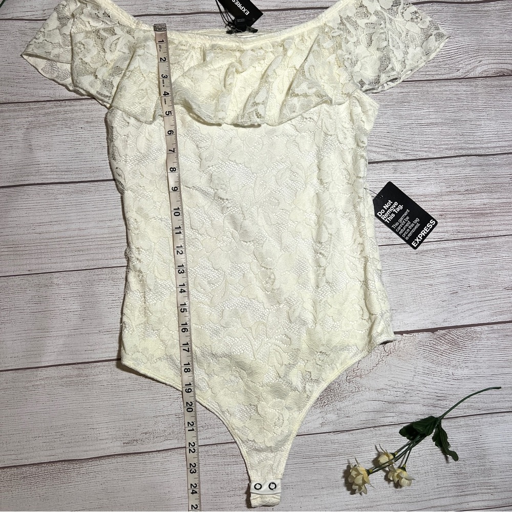 EXPRESS Off The Shoulder Ruffle Lace Thong Bodysuit - Picture 12 of 16